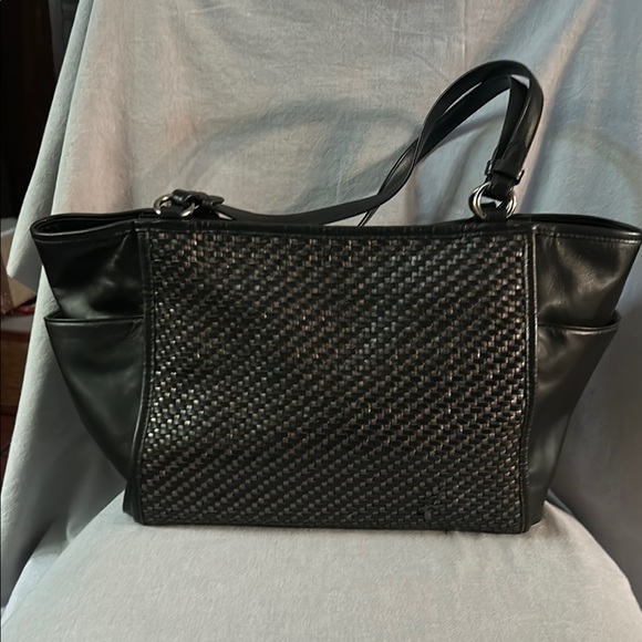 Coach Handbags - Coach Park Large Woven Black & Silver Leather Zip Top Tote Shoulder Bag